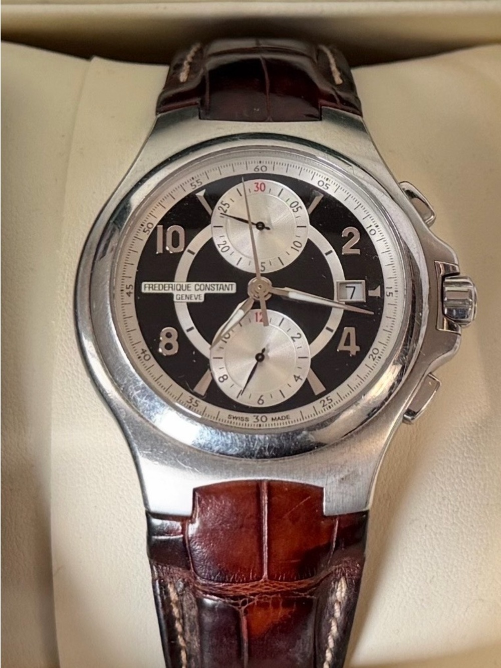 Frederique Constant Men's Brown Leather Strap Chronograph Watch with Silver Case